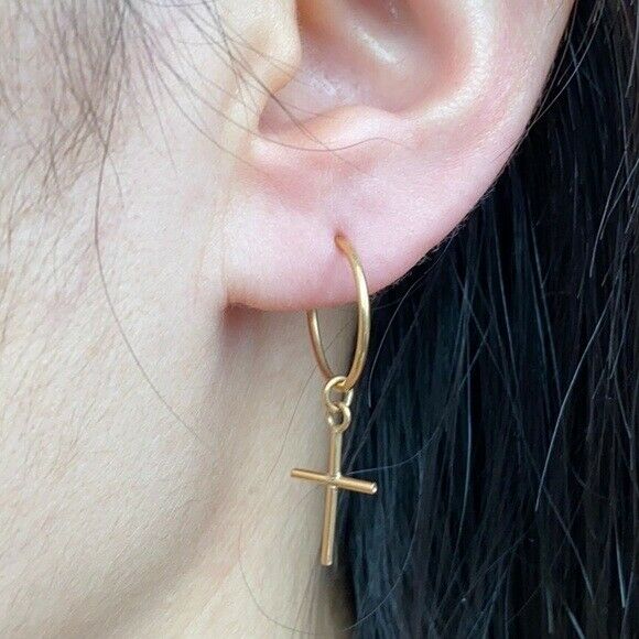 14K Yellow Gold Hoop Dangle Cross Earrings