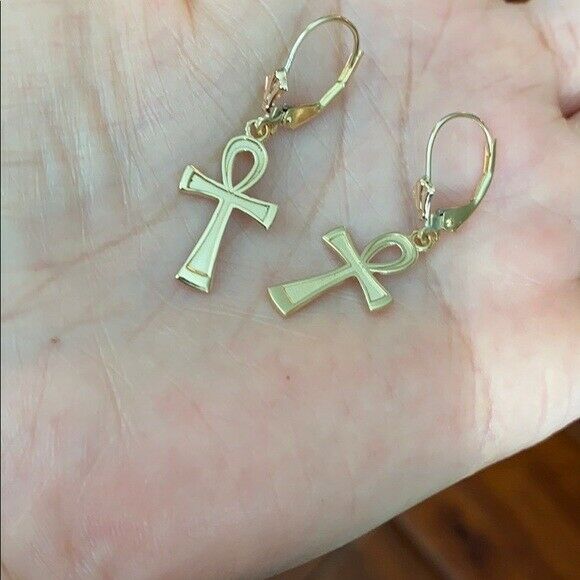 10k Yellow Gold Ancient Egyptian Ankh Cross Drop / Dangle Leverback Earrings
