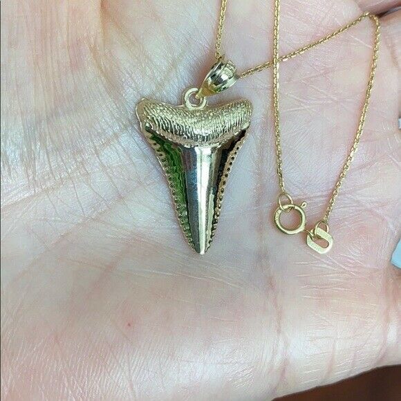 14k Solid Yellow Gold Polished Shark Tooth Pendant Necklace 16" 18" 20" 22"