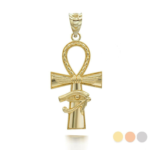 10K Solid Gold Textured Ankh Cross Eye of Horus Pendant Necklace