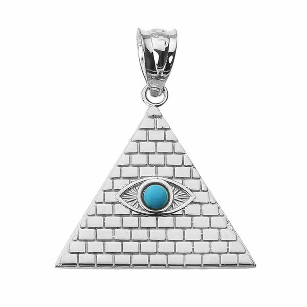 10k White Gold Egyptian Pyramid with Turquoise Evil Eye Pendant Necklace