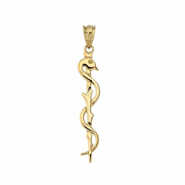 10k 14k Solid Gold Asclepius medicine Symbol Pendant Necklace Yellow White Rose