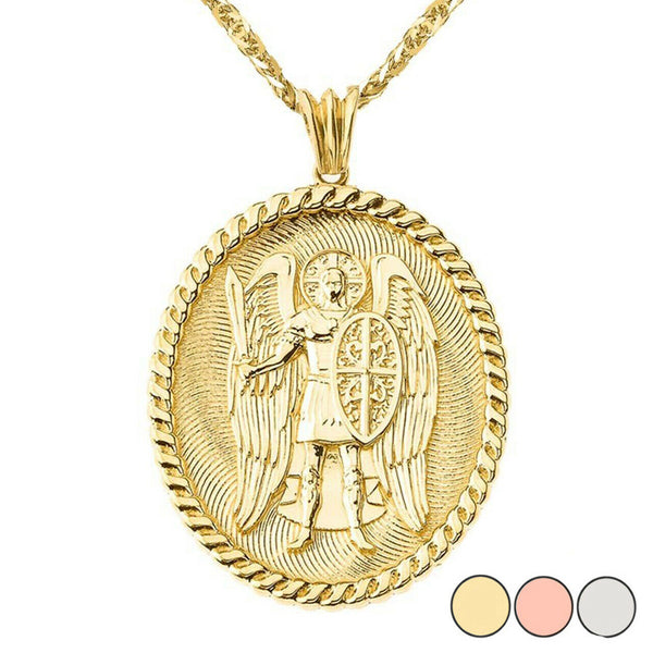 14k Solid Gold St. Saint Michael Protect Us Pendant Oval Yellow White Rose