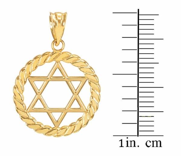 10k Solid Yellow Gold Jewish Star of David in Circle Rope Pendant Necklace