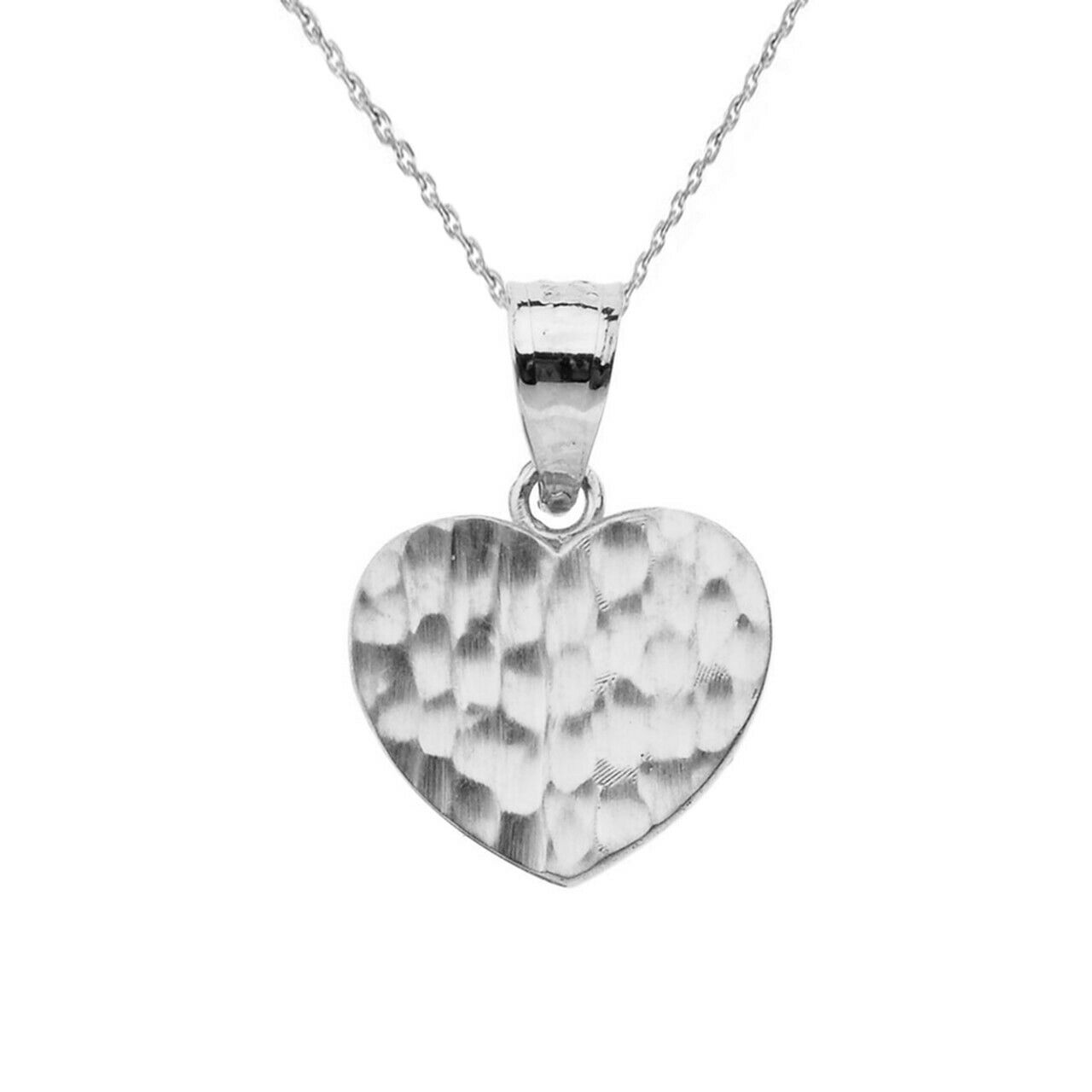 10k White Gold Hammered Mini Small Heart Pendant Necklace