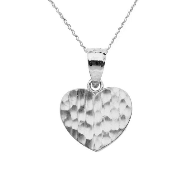 10k White Gold Hammered Mini Small Heart Pendant Necklace