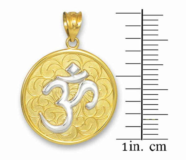 14k Solid Real Gold Two-Tone OHM (OM) Medallion Pendant Necklace
