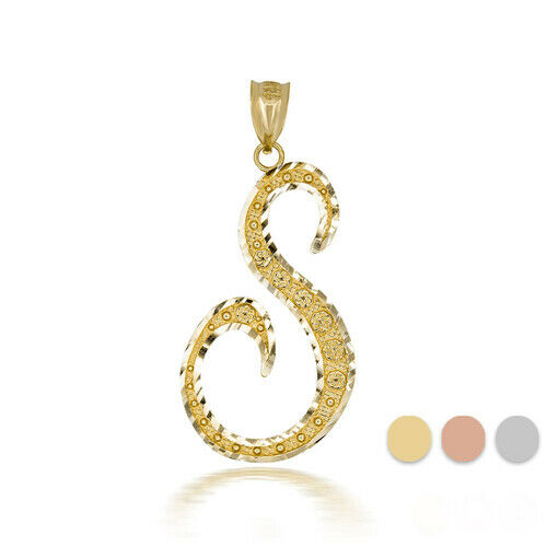 10k Solid Yellow Gold Cursive Initial Letter S Pendant Necklace