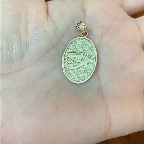 10K Solid Yellow Gold Eye of Horus Oval Pendant Necklace