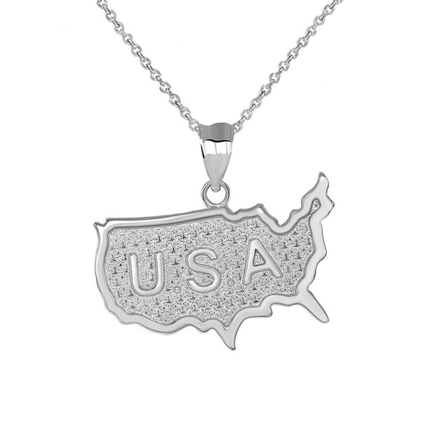 925 Sterling Silver Engraved USA Map Charm Pendant Necklace
