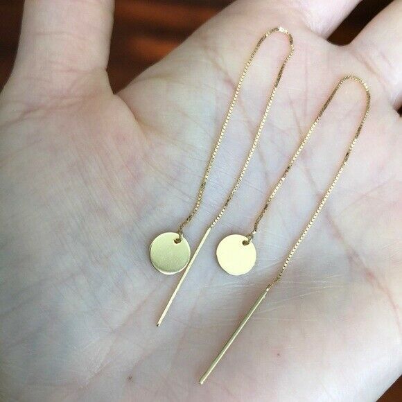 14K Solid Rose Gold Disc Disk Thin Box Chain Threader Earrings