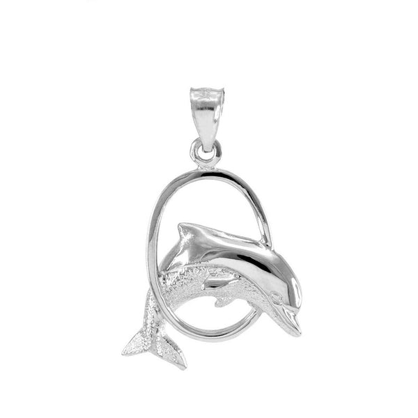 10k Solid White Gold Hoop Jumping Dolphin Pendant Necklace