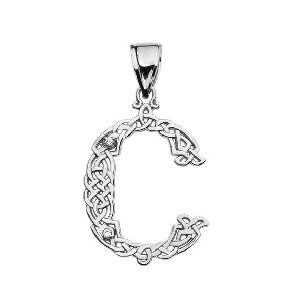 Sterling Silver CZ Celtic Knot Pattern Initial Letter C Pendant Charm Necklace