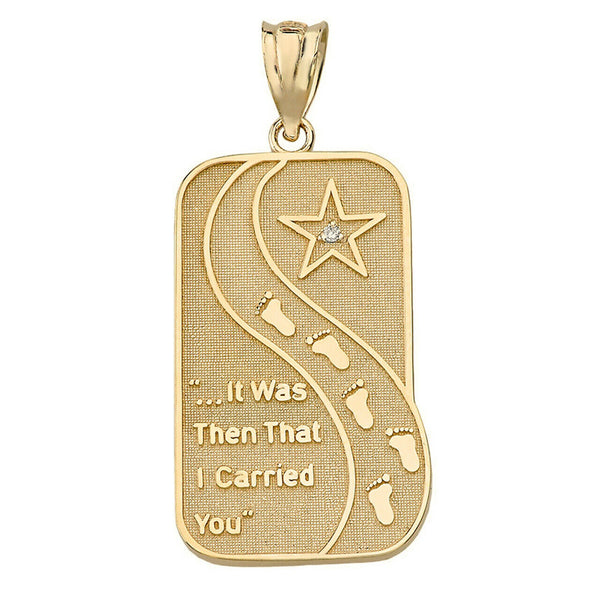10K Solid Yellow Gold Diamond Footprints in the Sand Poem Pendant Necklace