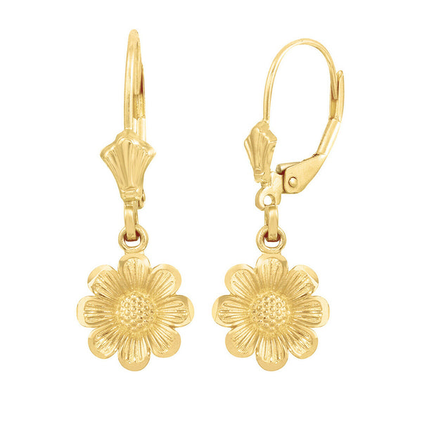 10k Solid Yellow Gold Sunflower Diamond Cut Leverback Earrings Set