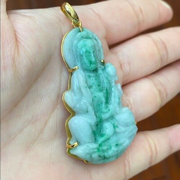 14K Solid Real Yellow Gold Natural Jadeite Jade Kwan Yin Lady Buddha Pendant 702