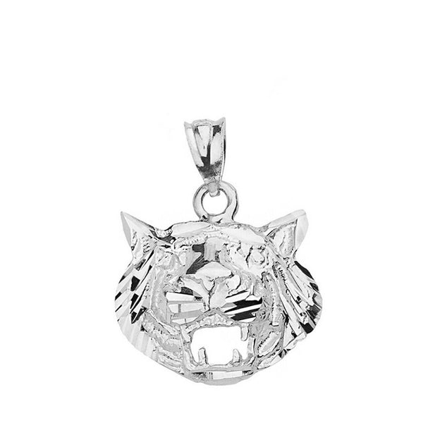 925 Sterling Silver Diamond Cut Roaring Tiger Head Charm Pendant Necklace