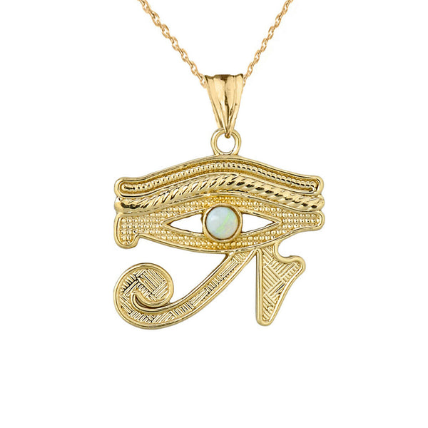 Solid Yellow Gold  10K Eye Of Horus (Ra) With Opal Center Stone Pendant Necklace