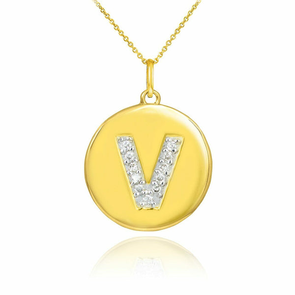 Solid 10k Yellow Gold Letter "V" Initial Diamond Disc Charm Pendant Necklace