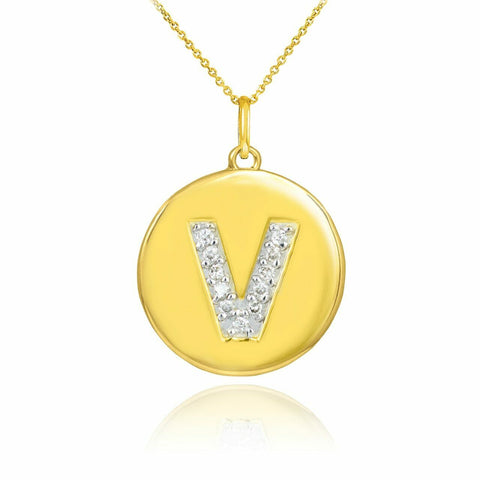 Solid 10k Yellow Gold Letter "V" Initial Diamond Disc Charm Pendant Necklace