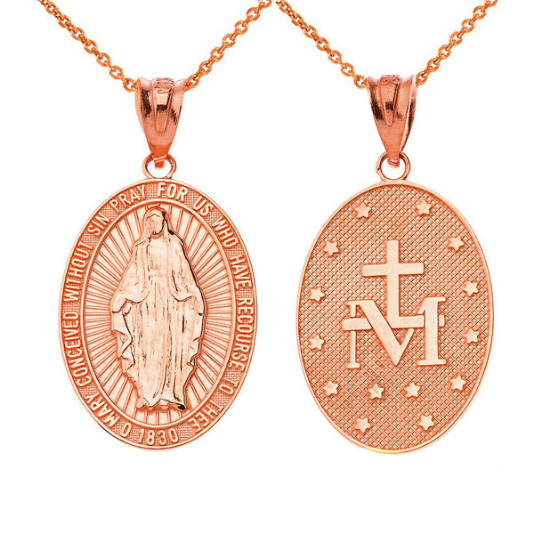 10K Solid Gold Our Lady of Graces Miraculous Medal Oval Pendant Necklace