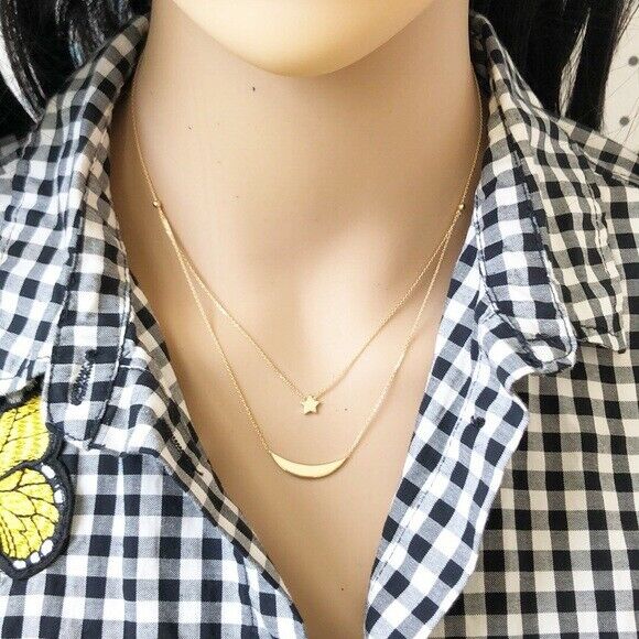14K Solid Gold Duo Layer Celestial Moon Star Layering Necklace 16"-18"