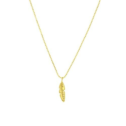 14K Solid Real Yellow Gold Feather Charm Adjustable Necklace - 16"-18"
