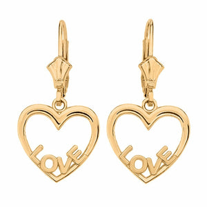 10k Real Yellow Gold Love Heart Drop / Dangle Leverback Earrings