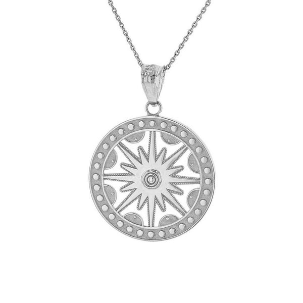 925 Sterling Silver Textured Openwork Flaming Sun Medallion Pendant Necklace