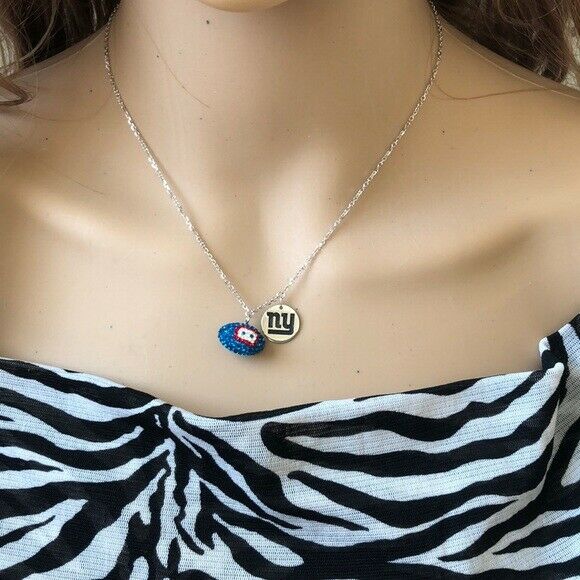 Licensed NFL Team New York Giants Football Crytals Necklace Sterling Silver
