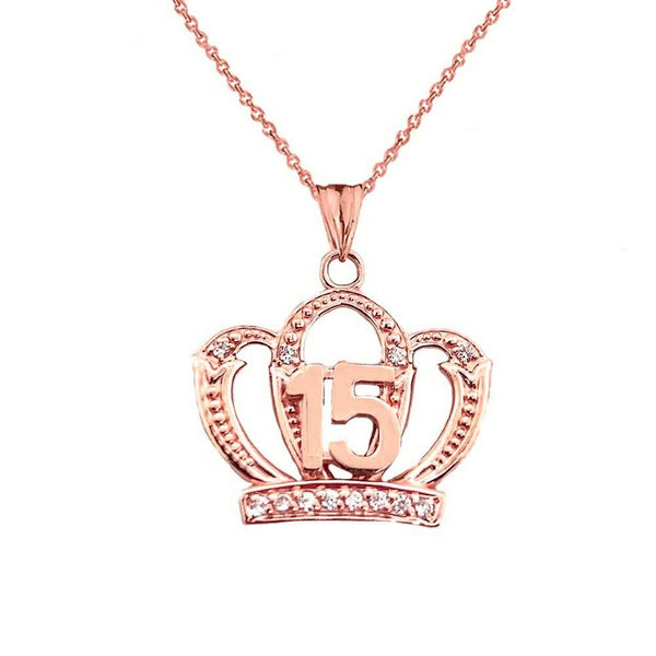 10k Solid Gold Quinceanera Sweet 15 Anos Princess Crown Pendant Necklace