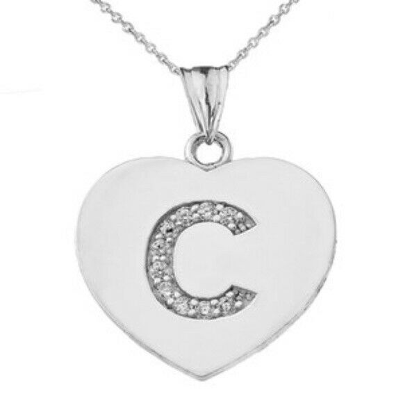 925 Sterling Silver CZ Initial Letter C Heart Pendant Necklace 16" 18" 20" 22"