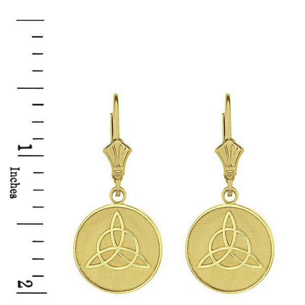 14k Solid Yellow Gold Triquetra Irish Celtic Disc Leverback Earrings