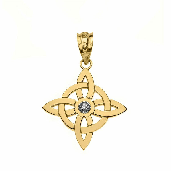 Solid 10k Yellow Gold Single Diamond Wiccan Witch's Knot Pagan Pendant Necklace