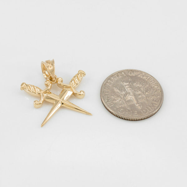 10k Sollid Yellow Gold Double Crossed Daggers Charm Pendant Necklace