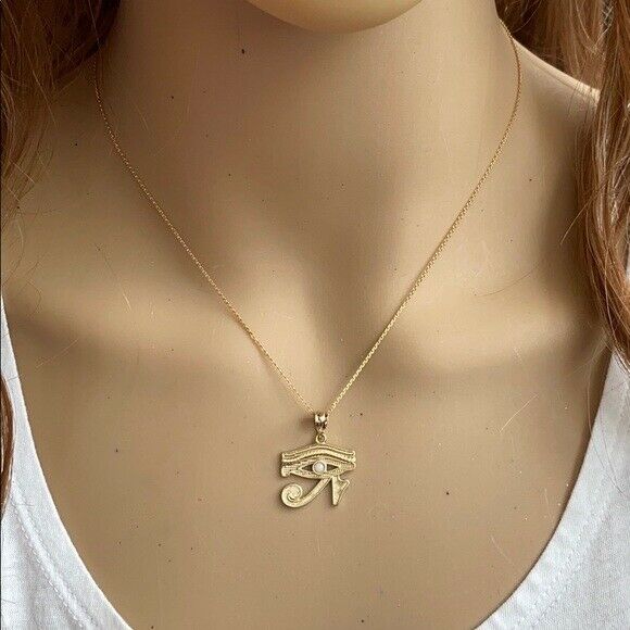 Solid Yellow Gold 14K Eye Of Horus (Ra) With Opal Center Stone Pendant Necklace