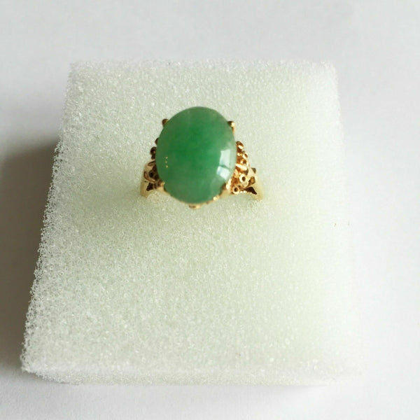 14K Solid Yellow Gold Oval Green Jade Women Ring Size 5.75