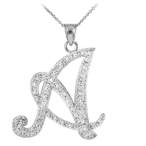 Personalized 925 Sterling Silver CZ Initial Script Letter A Pendant Necklace