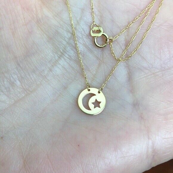 14K Solid Gold Mini Disk Disc Moon Star Dainty Necklace -Minimalist Yellow