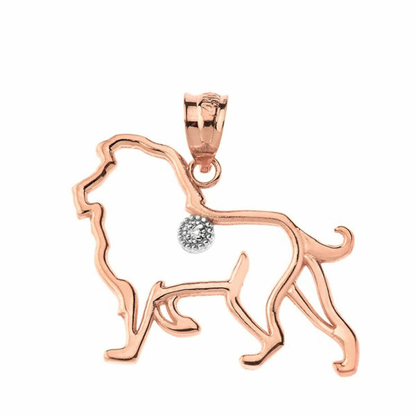 Solid Gold Diamond Lion Strength Justice Power Outline Openwork Pendant Necklace