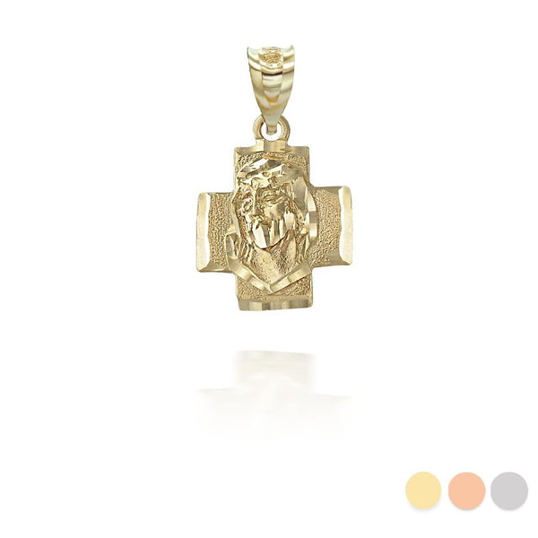 10K Solid Gold Jesus Face On a Cross Pendant Necklace