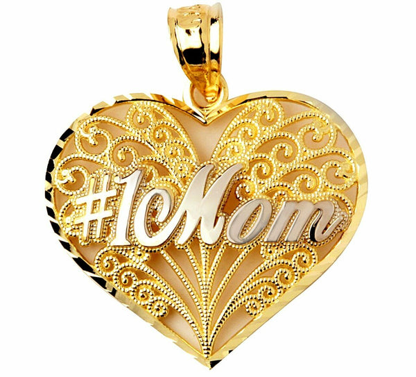 14k Solid Gold Number One #1 Mom Filigree Heart Pendant Necklace Mother Day Gift