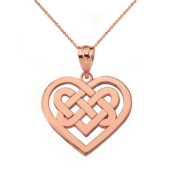 14K Solid Gold Religious Heart Celtic Knot Woven Pendant Necklace