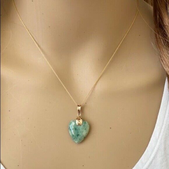 14K Solid Real Gold Genuine Natural Jadeite Jade Heart Pendant Necklace Small