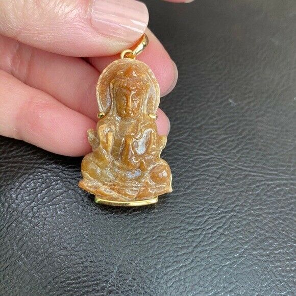 14K Solid Gold Guanyin Kwan Yin Female Buddha Natural Red Jade Pendant