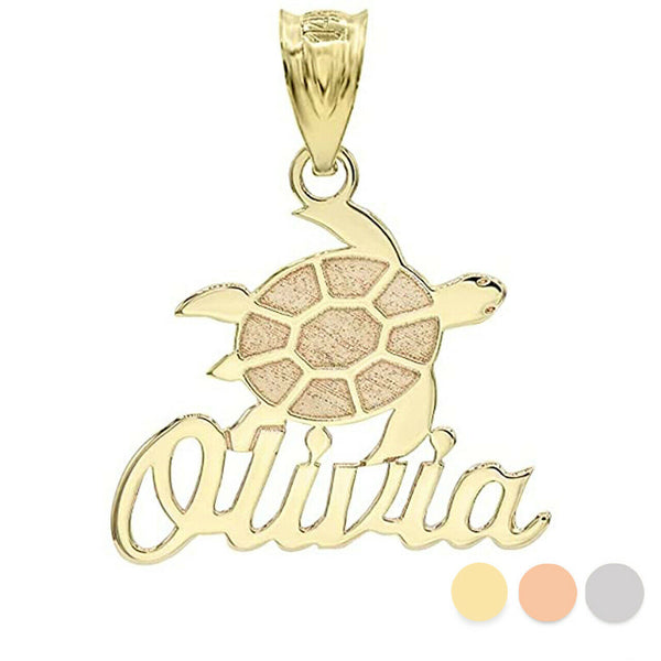Personalized Engrave Name 10k 14k Gold Good Luck Sea Turtle Pendant Necklace