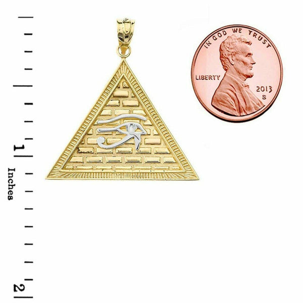 10k Solid Gold Eye Of Horus Pyramid Pendant Necklace In Two Tone Yellow/ White