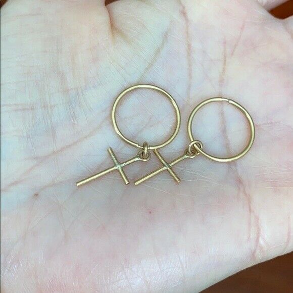 14K Yellow Gold Hoop Dangle Cross Earrings