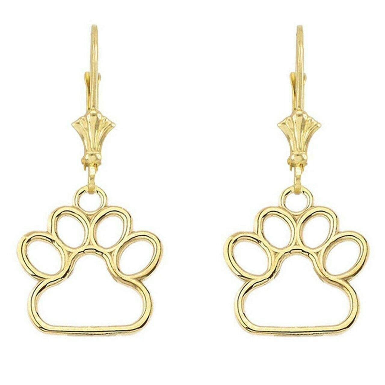 14k Yellow Gold Dainty Dog Paw Print Leverback Earrings (Small)