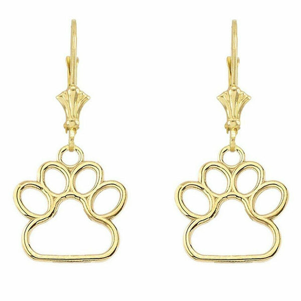 14k Yellow Gold Dainty Dog Paw Print Leverback Earrings (Small)